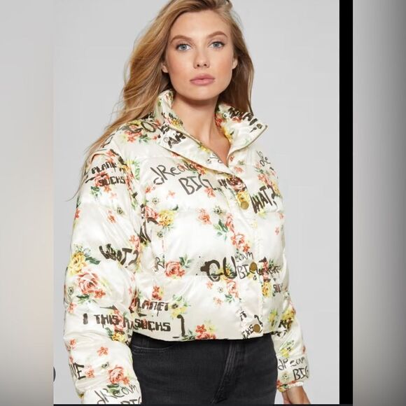 NWT GUESS x Brandalised Wilde Floral Graffiti Puffer Vest Convertible Jacket - Picture 3 of 15